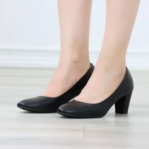 Classic Block Low Heel Pumps Slip On Round Toe Women's Black Shoes - Picture 11 of 12